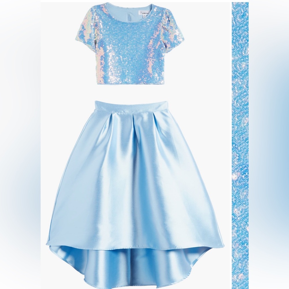 Mermaid-colored sequins two-piece dress with silky satin skirt cut in a high-low